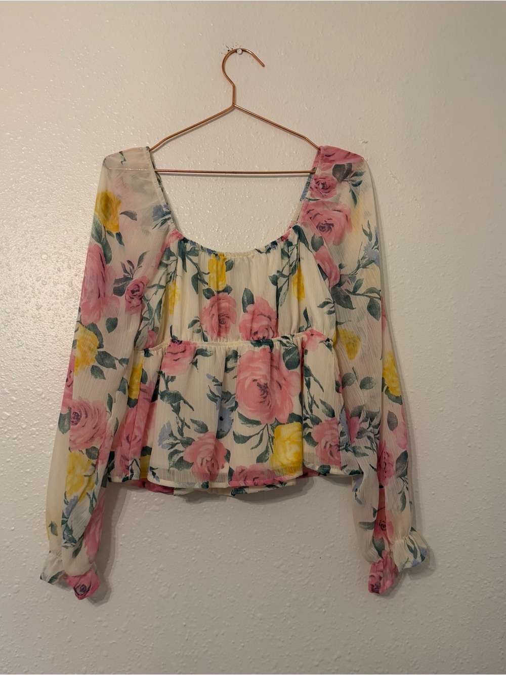 Forever 21 Floral Scoop-Neck Long Sleeve Blouse - Pink & Yellow on Cream - Picture 4 of 6